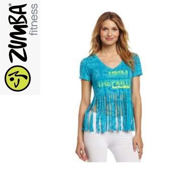 NWT Zumba Fitness Blue Tie-Dye Fringe Tee - Picture 1 of 5